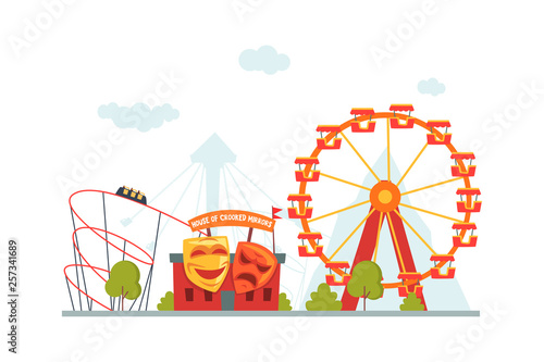 Amusement Park, House of Crooked Mirrors, Roller Coaster and Ferris Wheel Vector Illustration