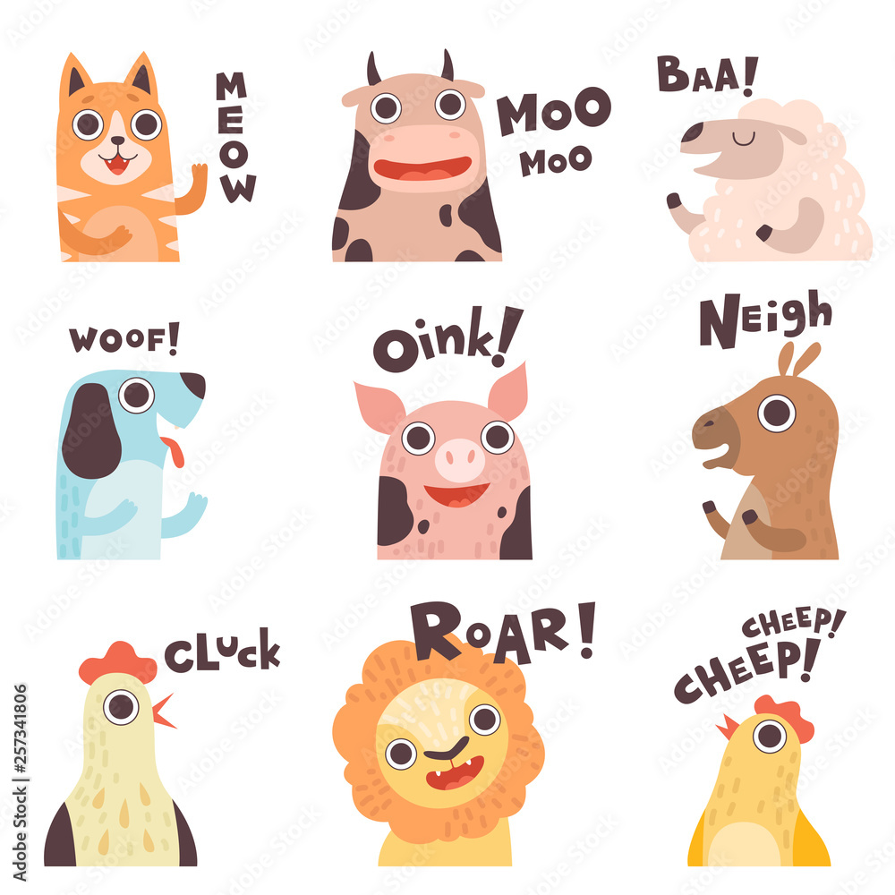 Cute Cartoon Farm Animal Making Sounds Set, Cat, Cow, Sheep, Dog, Pig,  Horse, Hen, Lion, Chick Saying Vector Illustration Stock Vector | Adobe  Stock