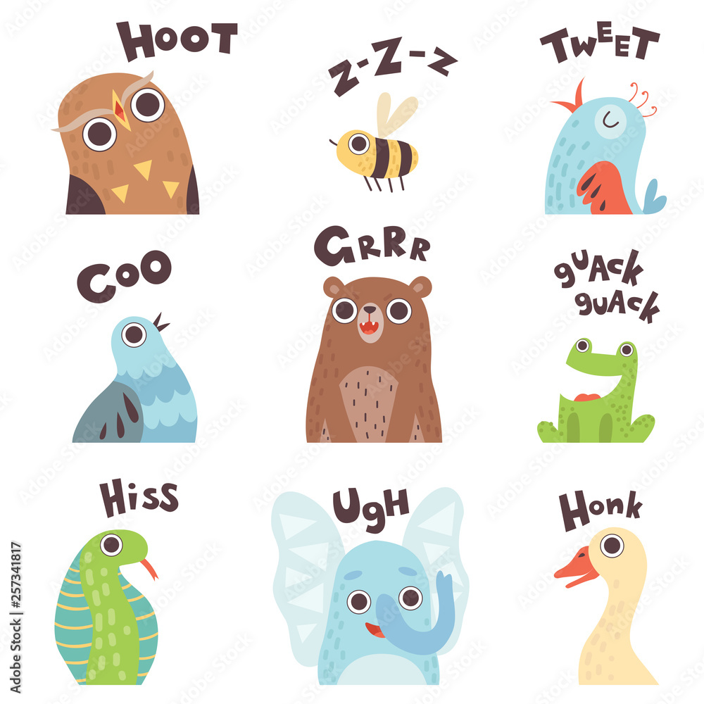 Cute Cartoon Farm Animal Making Sounds Set, Owl, Bee, Bird, Pigeon, Bear, Frog, Snake, Elephant, Goose Saying Vector Illustration Stock Vector | Adobe Stock Cute Cartoon Farm Animal Making Sounds Set, Owl, Bee, Bird, Pigeon, Bear, Frog, Snake, Elephant, Goose Saying Vector Illustration Stock Vector | Adobe Stock