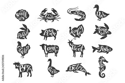 Vintage vector of farm animals and sea animals with lettering. Rabbit, pork, turkey, chicken, lamb, goat, beef, duck, goose, Silhouette of turtle, scallops, shrimp, fish, crab, mussel, seahorse