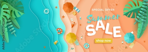 Summer sale, vector background beach, people sunbathing papercut top view