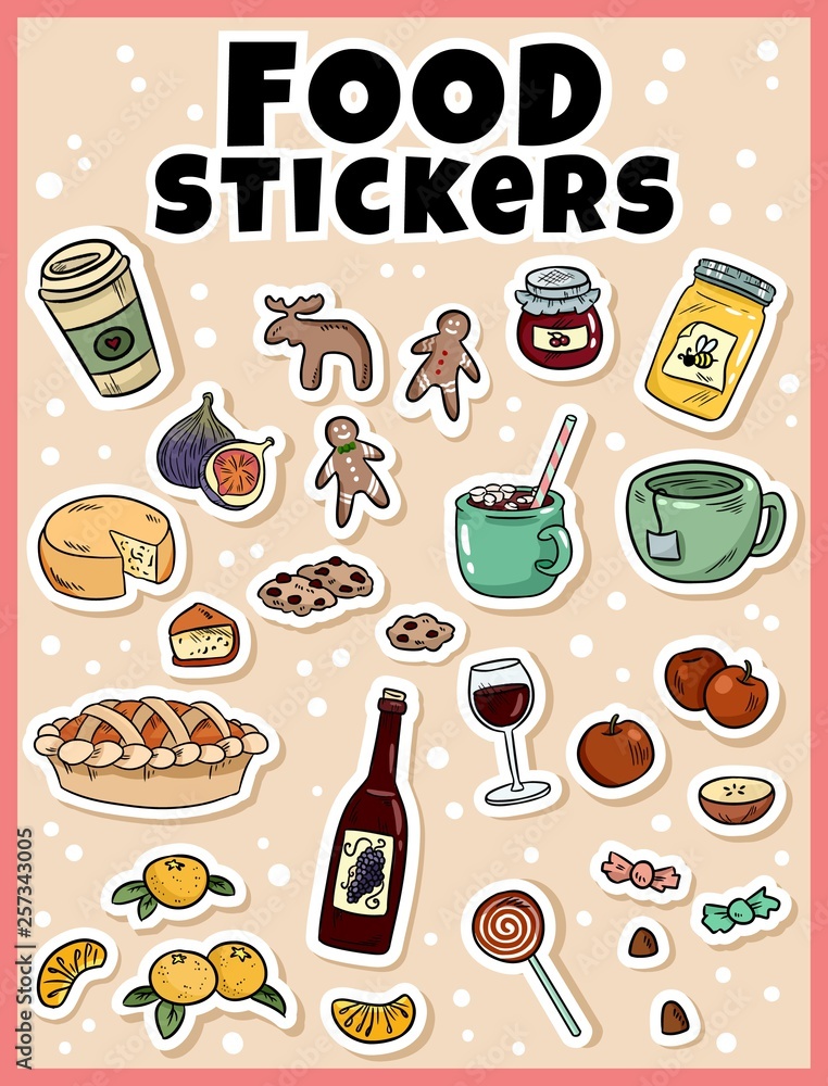 Food sticker set. Stickers, pins, patches and labels collection in cartoon comic style Food sticker set. Stickers, pins, patches and labels collection in cartoon comic style