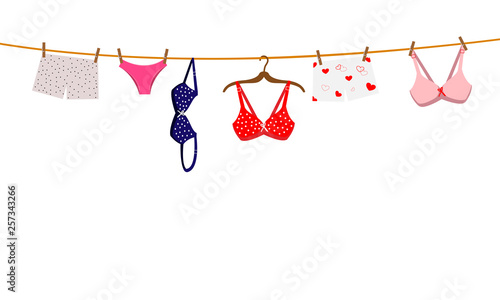 Pantie, bra and lingerie hanging on rope. Vector illustration.