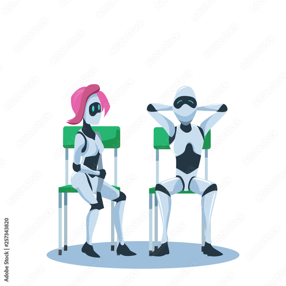 Relaxed Male and Pensive Female Robot Sit on Chair Relaxed Male and Pensive Female Robot Sit on Chair