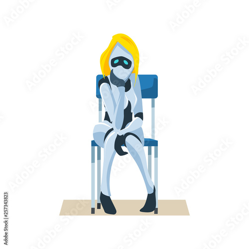 Worried Female Robot on Chair Wait Job Interview