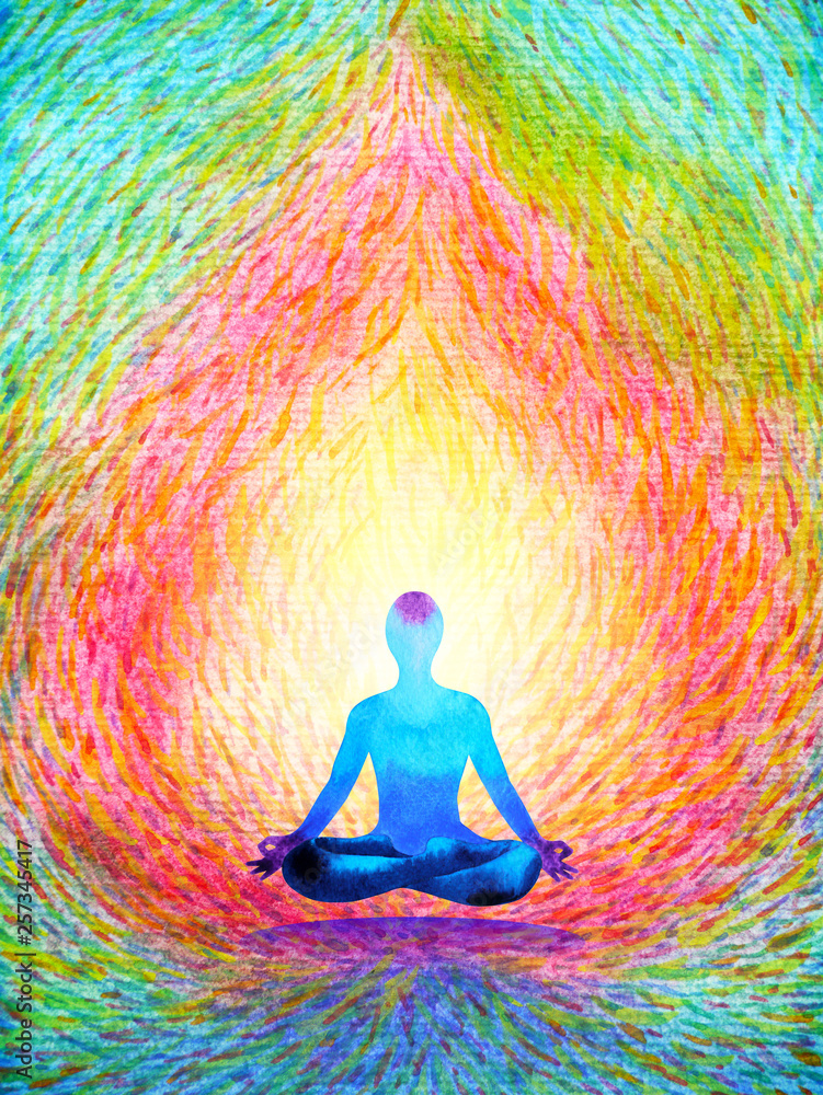 Naklejka 7 color chakra human lotus pose yoga, abstract world, universe inside your mind mental, watercolor painting illustration design hand drawn