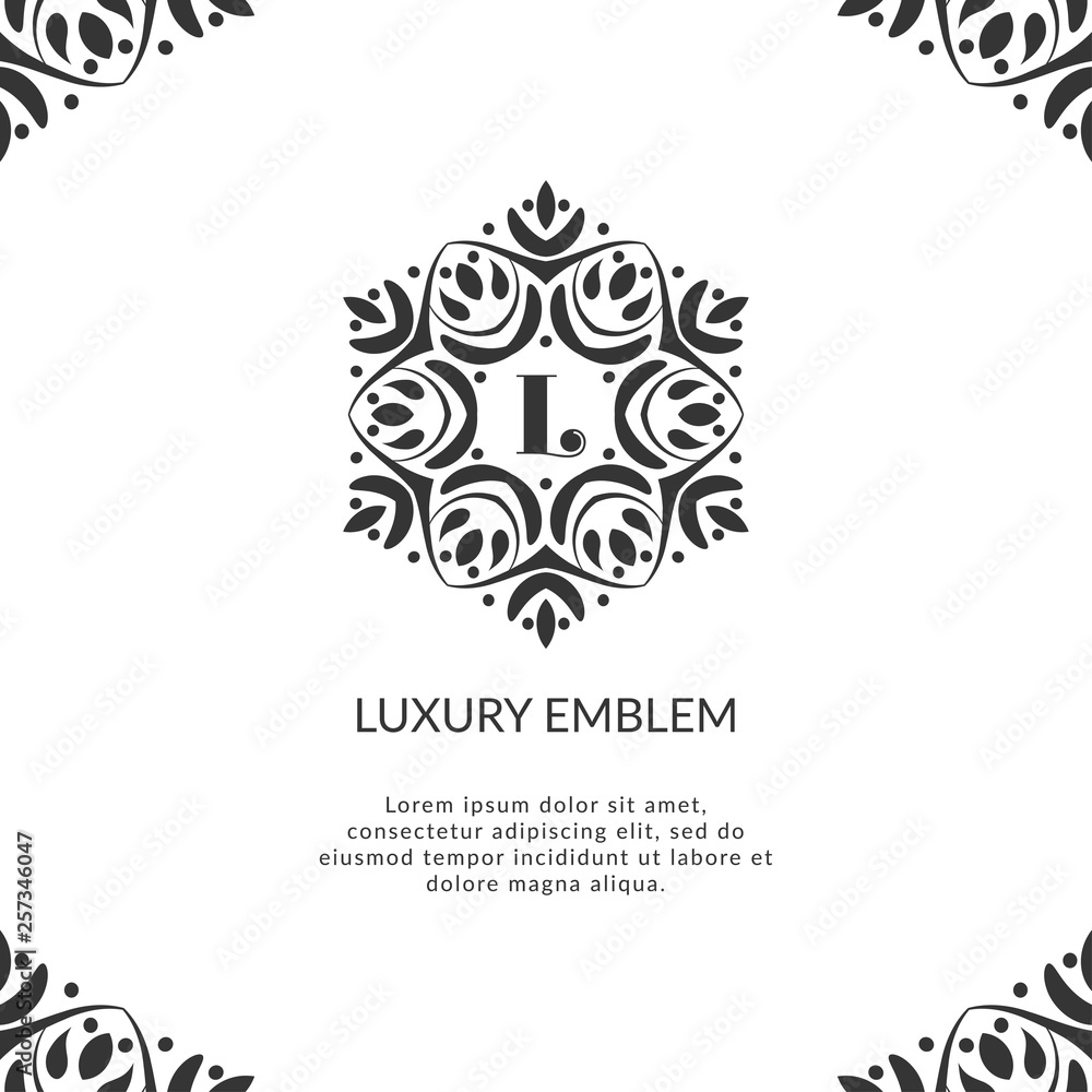 Black emblem. Elegant, classic vector. Can be used for jewelry, beauty and fashion industry. Great for logo, monogram, invitation, flyer, menu, brochure, background, or any desired idea.