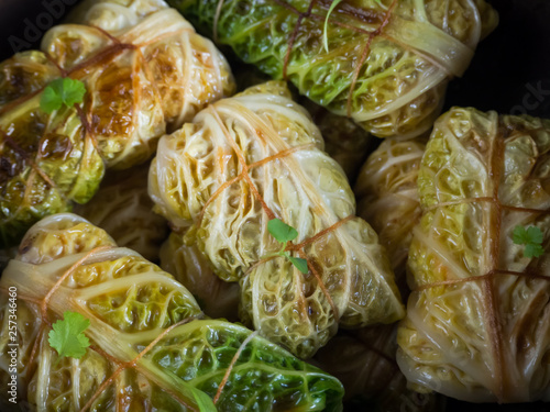 Cabbage rolls with rice and vegetables. Ramadan food.