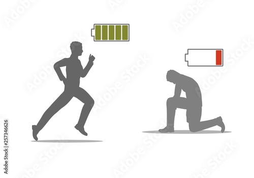 Businessman in two versions tired and active with battery icon above. Full and low battery concept. Business and life energy. Low battery red color and high full level energy battery green.