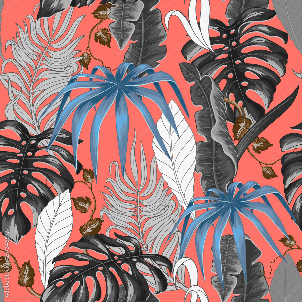 Seamless pattern with tropical banana, palm and monstera leaves for fabric design on living coral background. Seamless pattern with tropical banana, palm and monstera leaves for fabric design on living coral background.