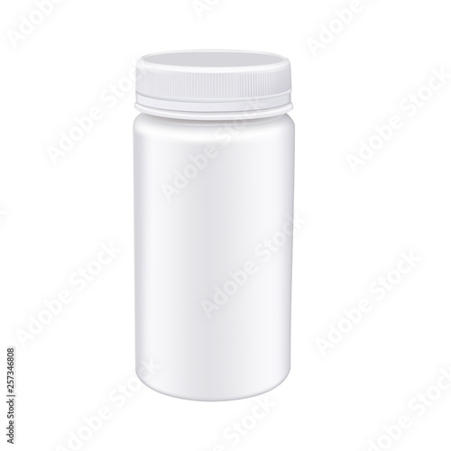 Medicine white pill bottle isolated on white background. Photorealistic vector mockup