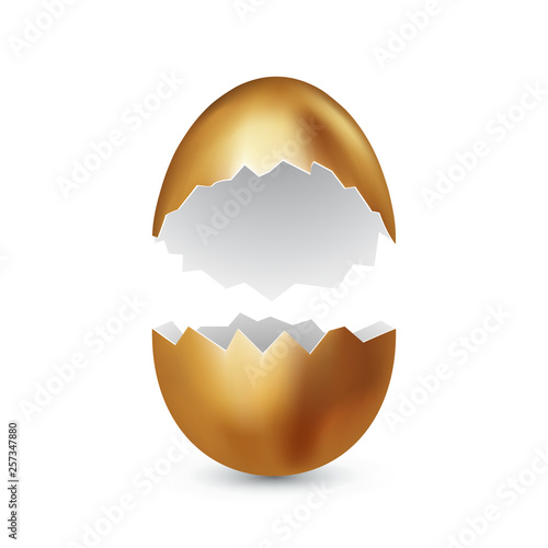 Broken golden easter egg on white background. Colored eggs. Cracked golden shell. Happy easter concept. Vector, space for text