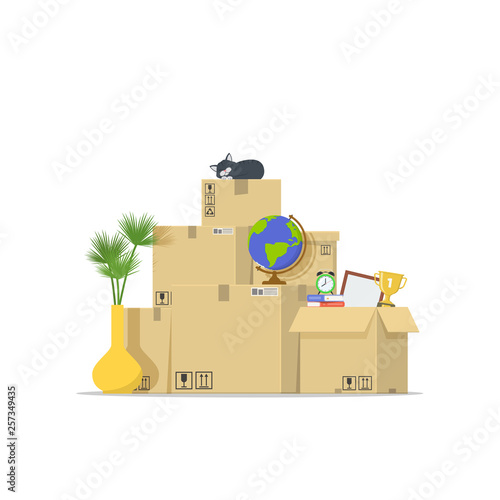 Icon pile of stacked cardboard boxes. Concept moving house. Relocation to apartment. Delivery service. Vector illustration in flat style.