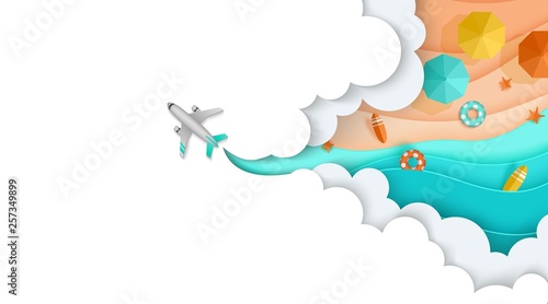 Plane flies through the clouds, see, beach, sea, sand, Layered, landing page