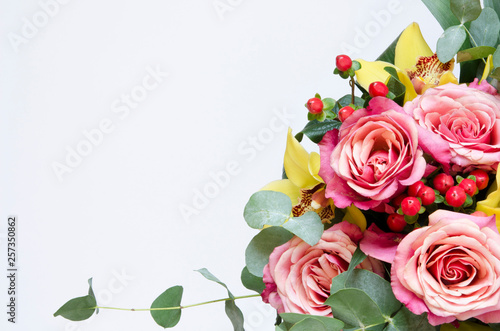 Flowers composition. Bouquet flowers on white background. Top view, copy space. - Image