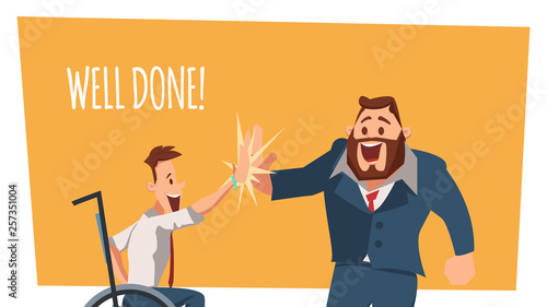 Happy Man in Wheelchair Give High Five to Coworker