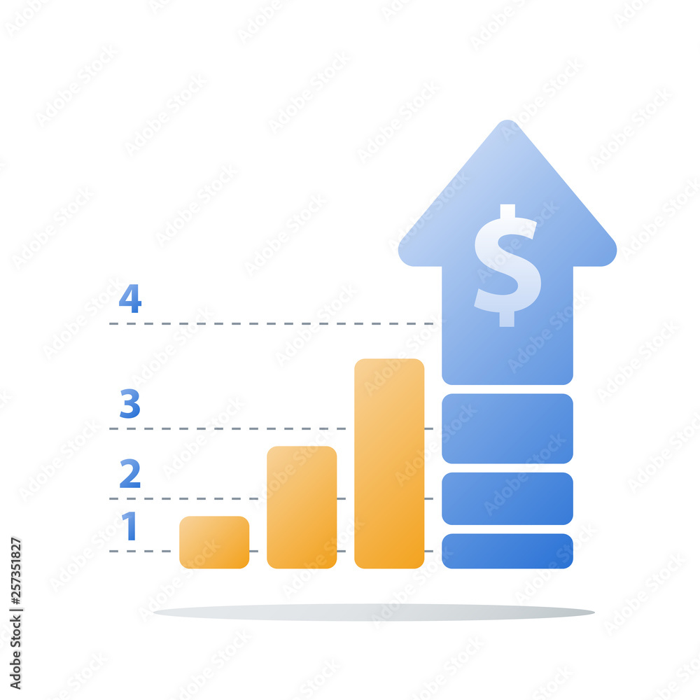 Revenue increase, income growth, financial ascending chart, business acceleration, earn more money, return on investment Revenue increase, income growth, financial ascending chart, business acceleration, earn more money, return on investment