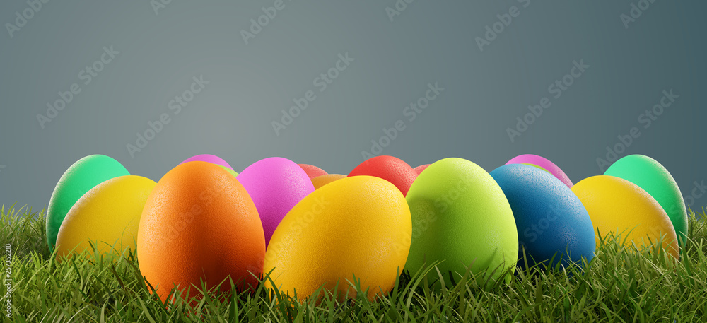 colorful Easter eggs green grass 3d-illustration