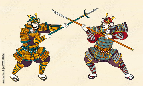 Two Japanese samurai fighting