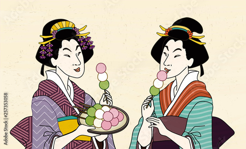 Two geisha eating mitarashi dango