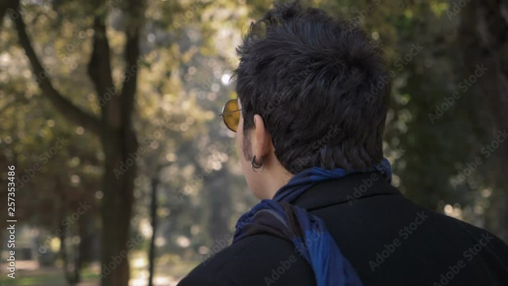 Relaxed young man walking in the park observing nature- back view Relaxed young man walking in the park observing nature- back view