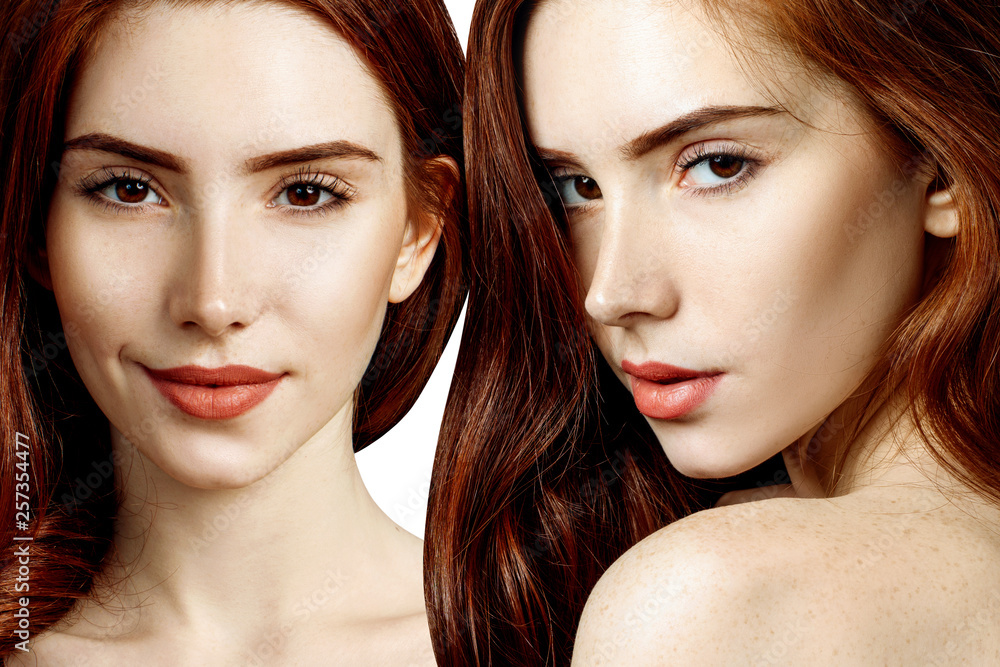 Collage of redhead woman with perfect skin. Collage of redhead woman with perfect skin.