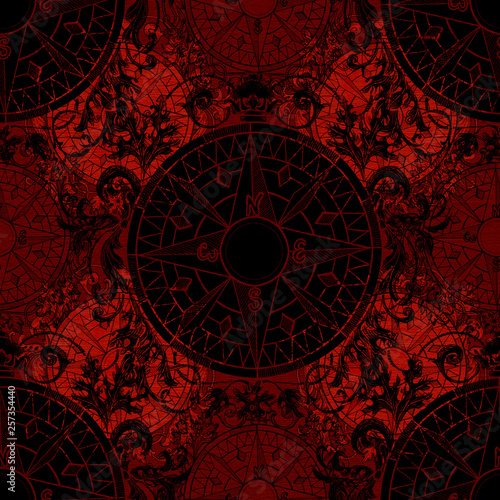 Seamless gothic pattern with baroque victorian compass, black silhouette on red. Graphic nautical illustration, historical adventure concept, vintage transportation background