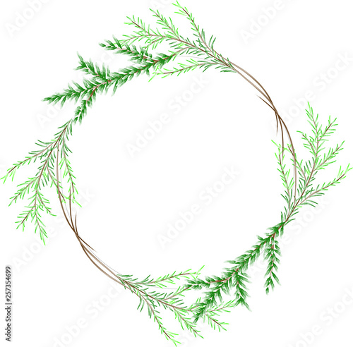 Pine leaf circle border, watercolor style. Round frame of greenery winter concept.