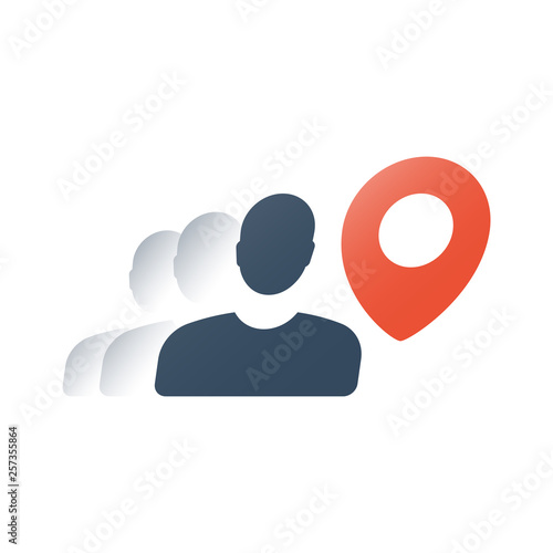 Courier service, map location red pointer and person, fast transportation, travel destination, move to place navigation