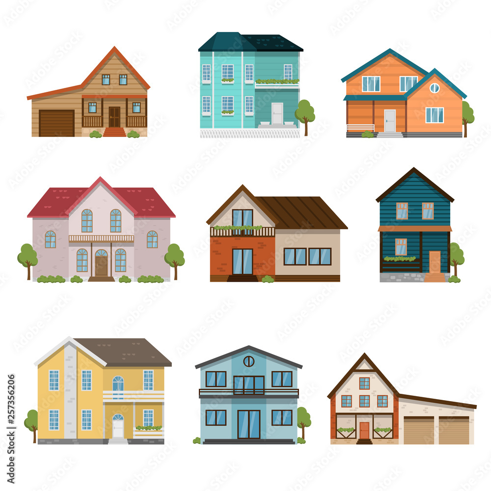 Set of houses front view icons isolated on white background Set of houses front view icons isolated on white background