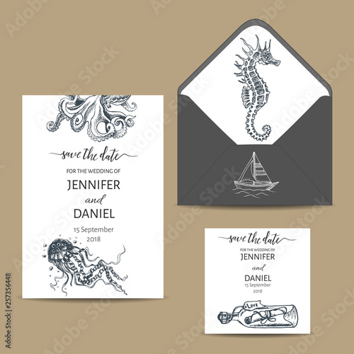 Wedding Card with whale. Colorful vector illustration with wildlif animals. Save the date invitation.