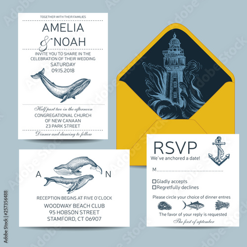 Wedding Card with whale. Colorful vector illustration with wildlif animals. Save the date invitation.