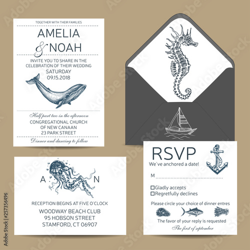 Wedding Card with whale. Colorful vector illustration with wildlif animals. Save the date invitation.