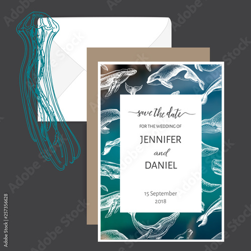 Wedding Card with whale. Colorful vector illustration with wildlif animals. Save the date invitation.