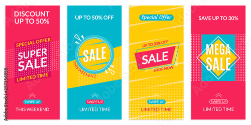 Instagram Stories Sale banner design templates. Discount Frames for Smartphone story. Social Media layout with Swipe Up button. Special offer and Price off coupon. Vector illustration.