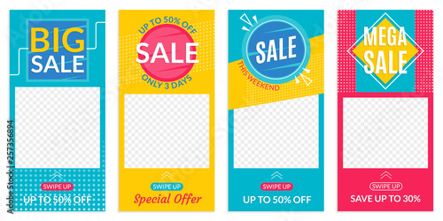 Insta Stories Sale banner design templates. Discount Frames for Smartphone story. Social Media layout with Swipe Up button. Special offer and Price off coupon. Vector illustration. © metelsky25