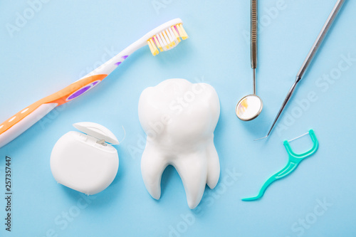 Dental health and teethcare concept. Professional steel dental instrument with a mirror near white tooth model, toothbrush and dental floss on light blue background. © Nikolay N. Antonov