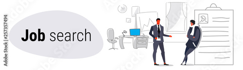 businessman hr manager meeting interviewing male job applicant leaning on resume recruitment and human resources job search concept sketch doodle horizontal banner
