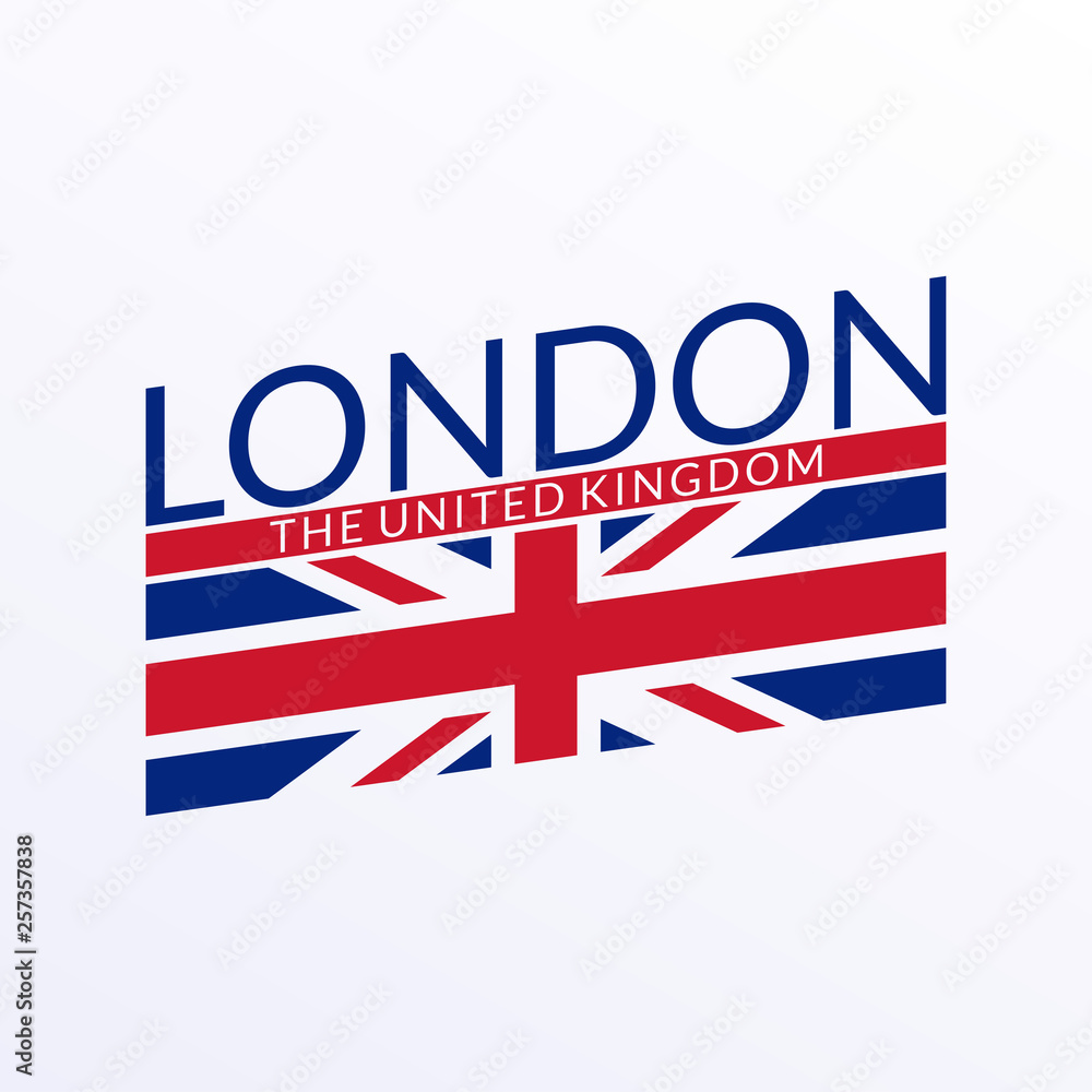 London text. Typography design with England or UK flag. London city banner, poster, Tee print, T-shirt graphics with British flag. Vector illustration.