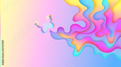 Summertime bright rainbow layered banner with butterfly vector illustration