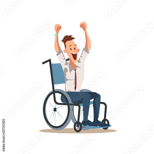 Happy Disabled Male Worker Cheer with Hand Up