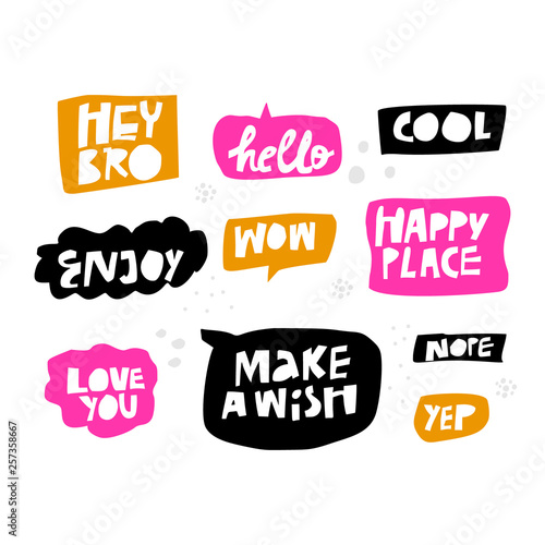 Lettering in multicolor speech bubbles set