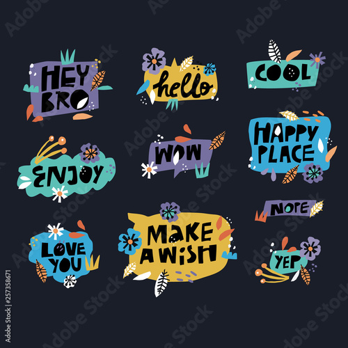 Lettering in floral frames set
