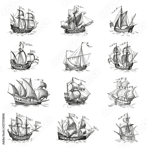 Old caravel, vintage sailboat. Hand drawn vector sketch.