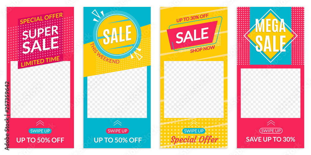 Instagram Stories Sale banner design templates. Discount Frames for Insta story. Social Media layout with Swipe Up button. Special offer and Price off coupon. Vector illustration.