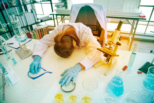 Young women, scientists, doctors, stress and discouragement, scientific research failed. Professional scientists perform experiments while laboratory equipment Microscope slide Failed laboratory conce
