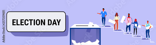 election day concept men women voters casting ballots at polling place during voting people putting paper ballot in box climbing stairs up full length sketch horizontal banner