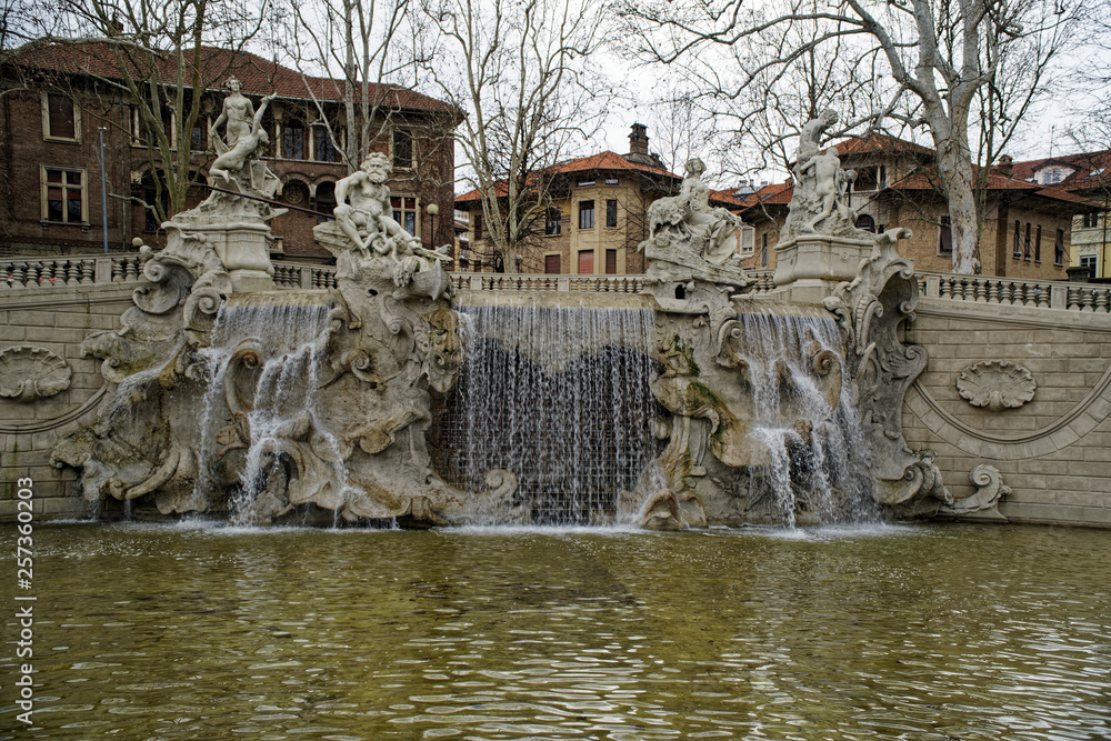 Fountain on the Valentino park Square in Torino, Italy