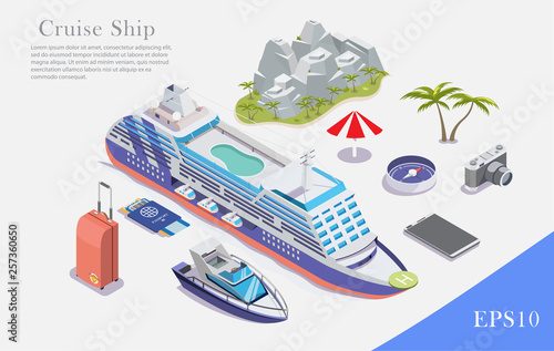 time cruise vacation set, isometric vector illustration on white background.