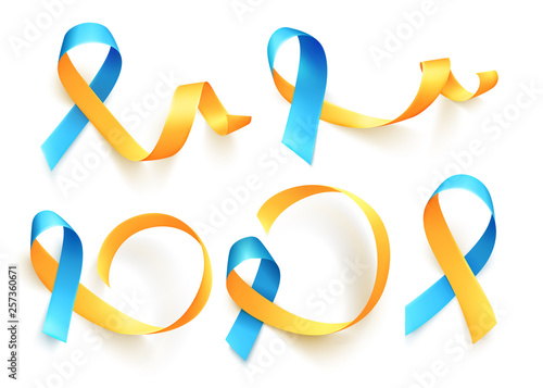 World Down Syndrome day. March 21. Set of realistic blue yellow ribbons symbol. Template for poster. Vector.